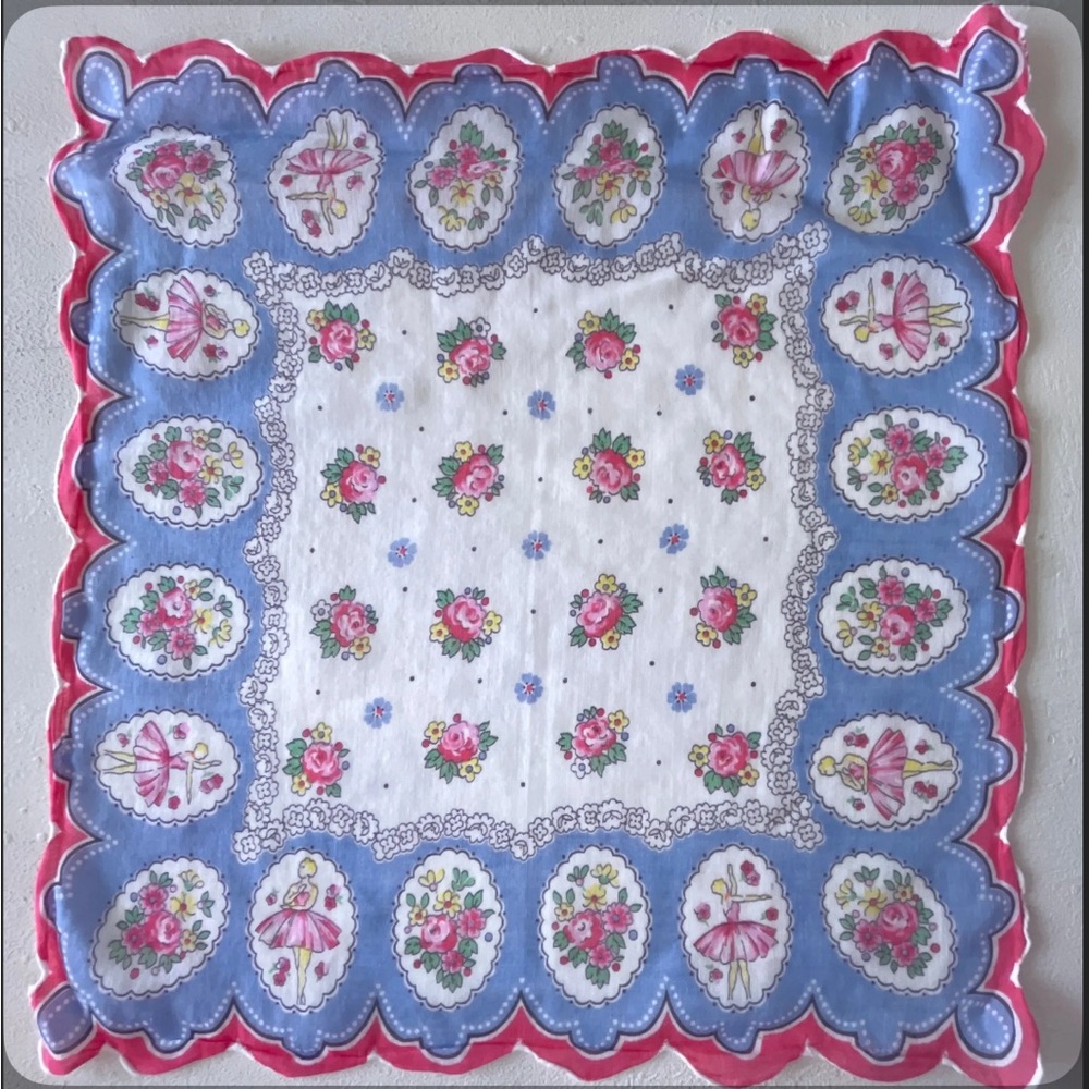Floral and Ballerina Handkerchief with Blue and Pink Border